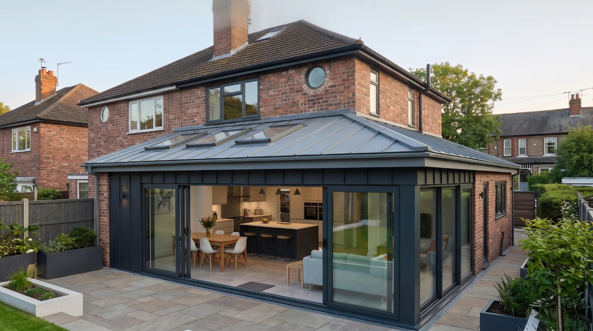 Wraparound extension with a grey metal roof, rooflights and glazed doors opening onto a patio