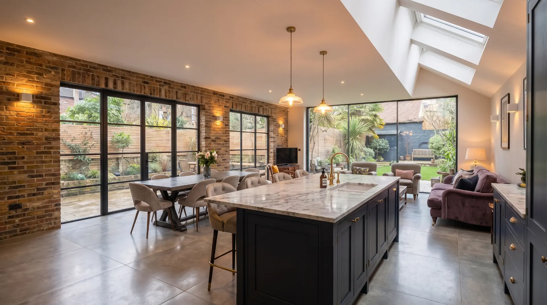 Side return extension interior with kitchen island, rooflights and garden doors