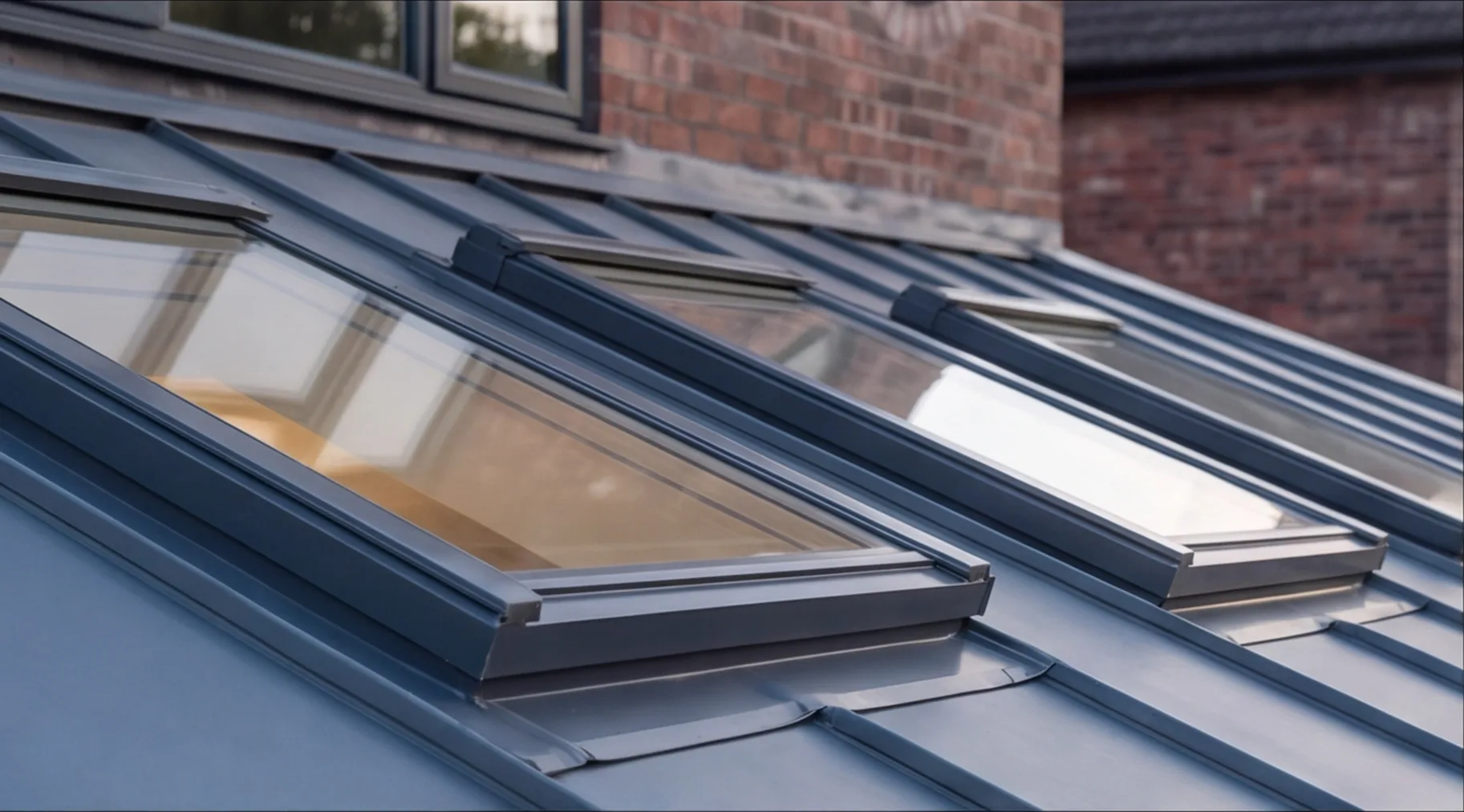 Rooflights set into a grey standing-seam metal extension roof