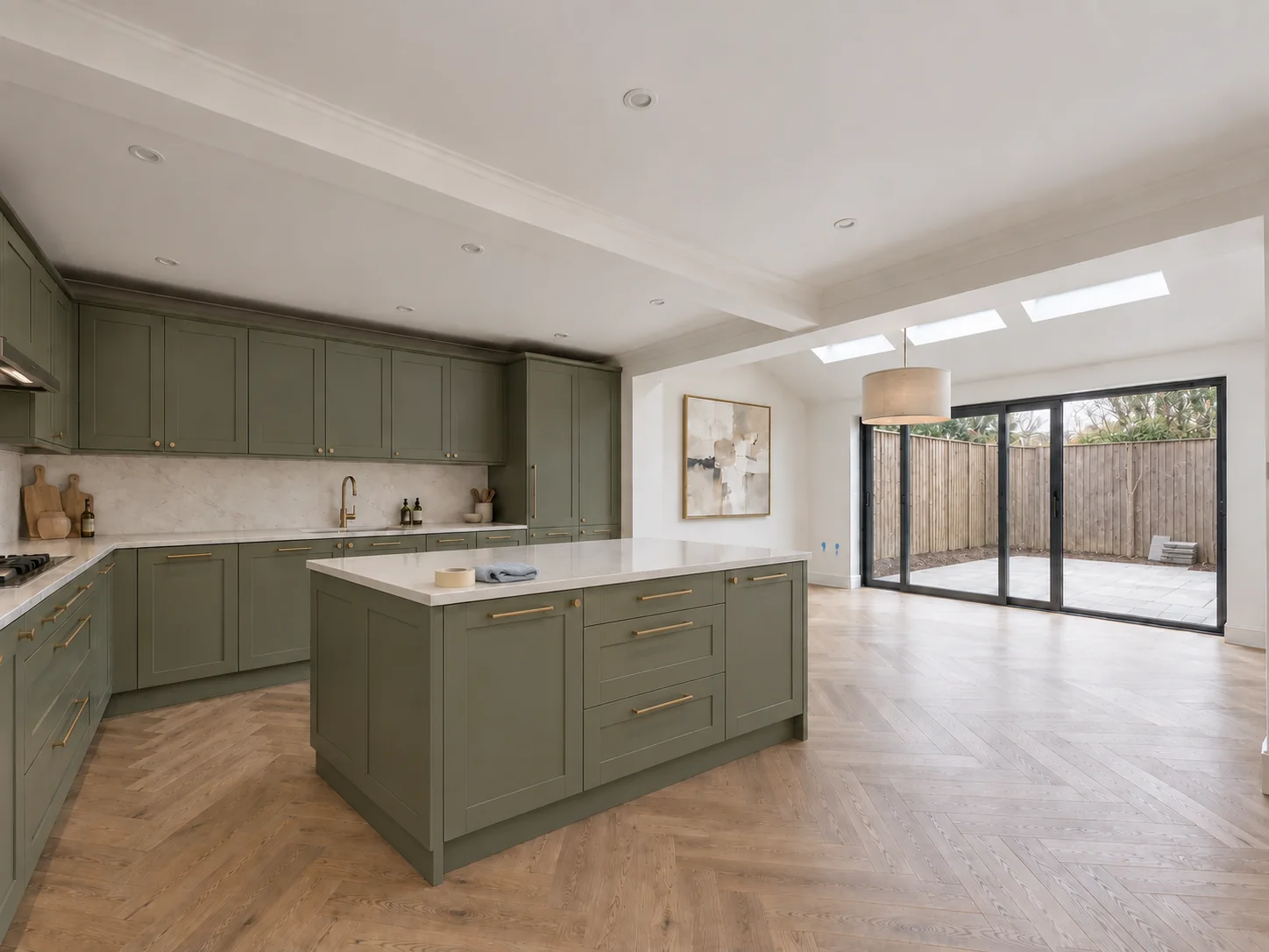 Kitchen extension interior with green cabinets, a central island, rooflights and sliding garden doors