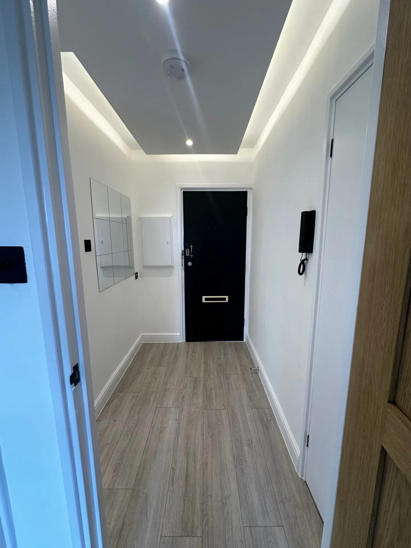 Entrance hall with new flooring and painted front door