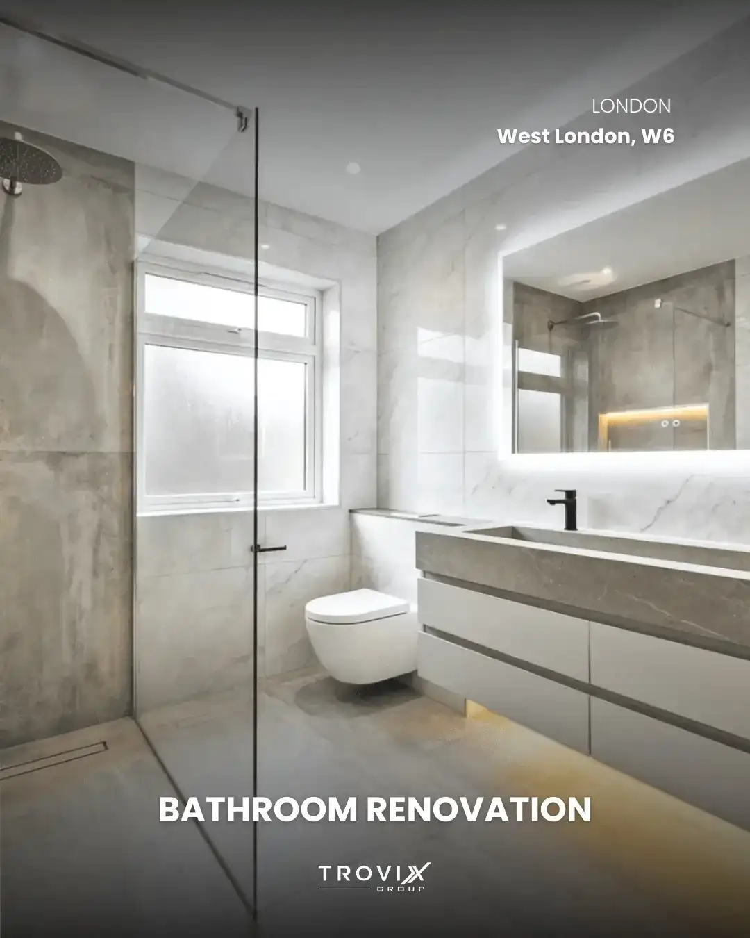 Luxury bathroom renovation with marble-effect tiling in West London