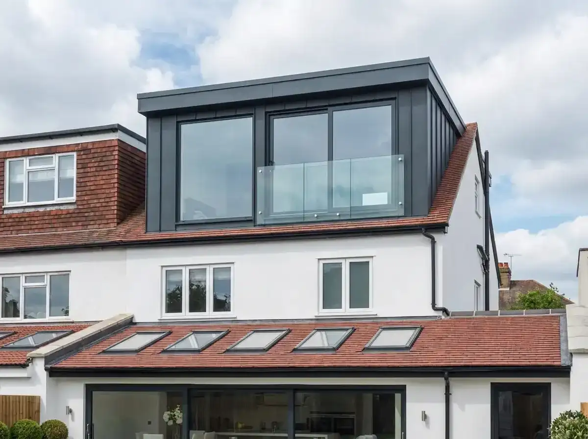 Modern zinc-clad flat-roof dormer loft conversion on a London semi-detached home with glass balustrade