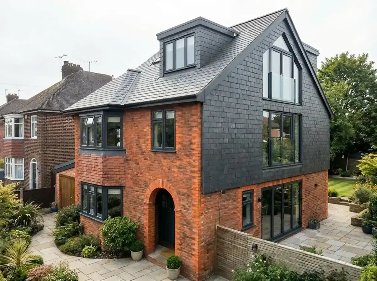 Illustrative hip-to-gable roof alteration on a red-brick London house