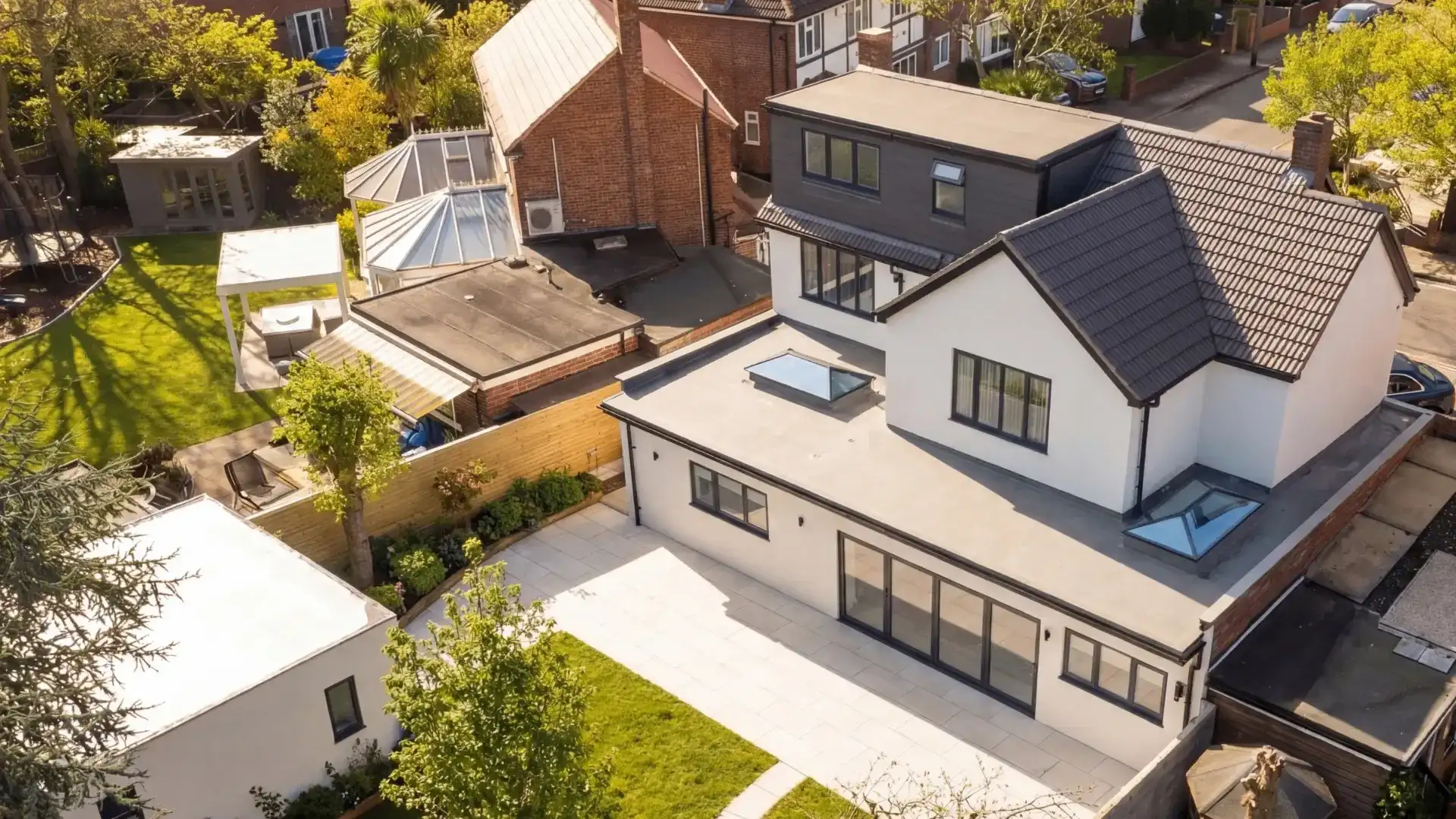 Aerial view of completed renovation with side extension, double-storey rear extension and loft conversion in Isleworth, West London