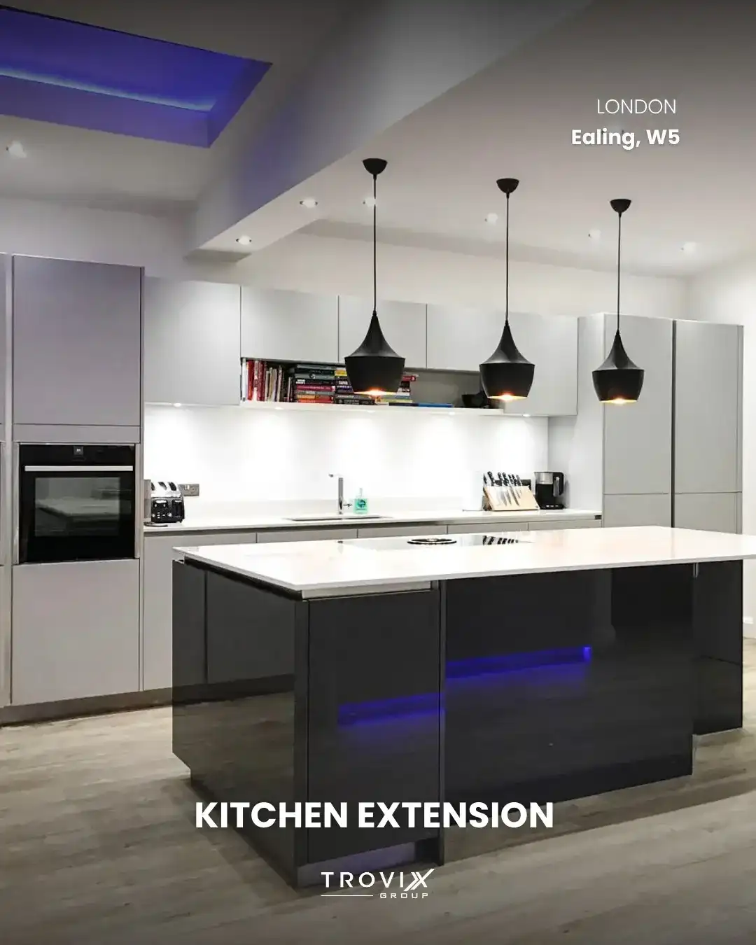 Kitchen extension with open-plan dining area in Ealing London