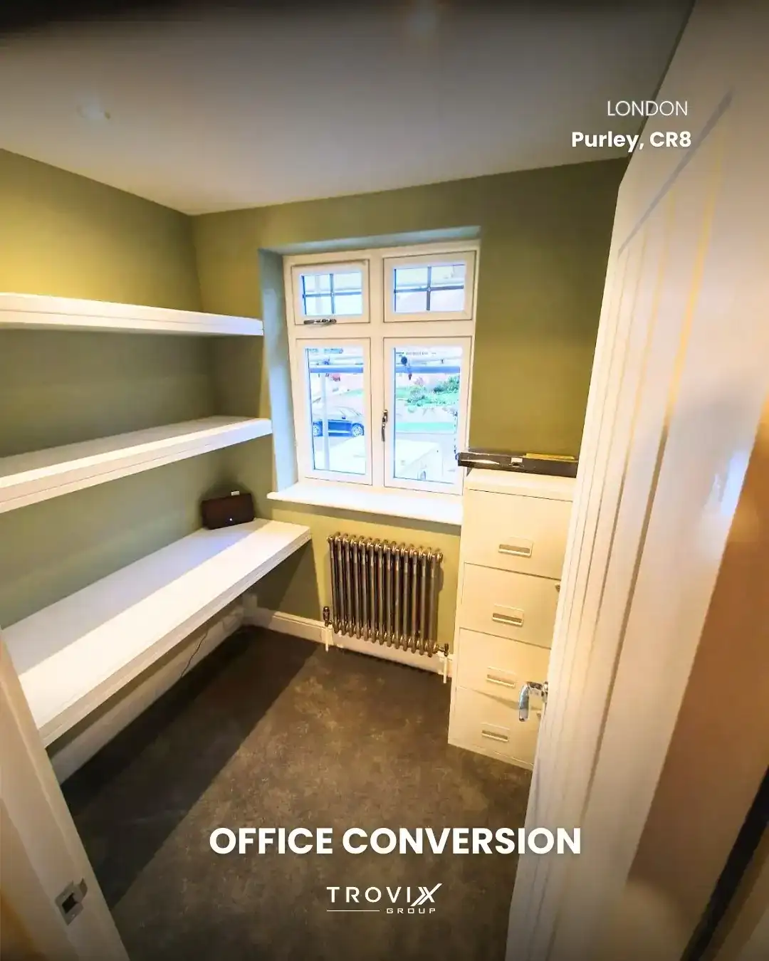 Custom home office conversion with built-in desk in Purley London